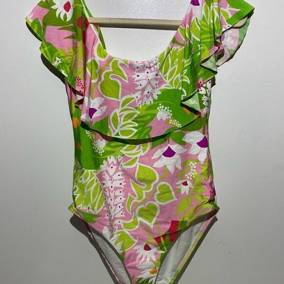 Trina Turk Women's Green Pink La Palma Off Shoulder One-Piece Swim Size 12 - Picture 1 of 11